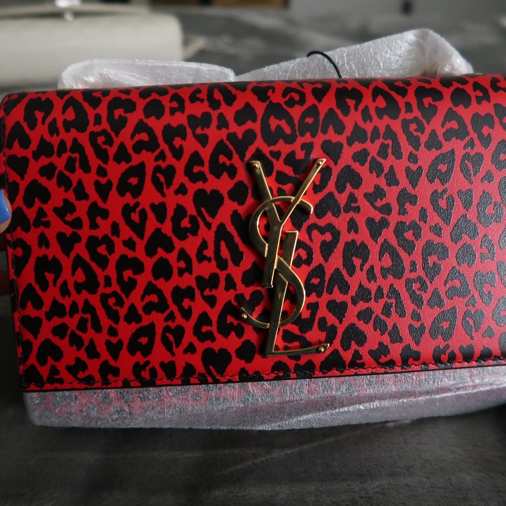 *SOLD* AUTH Saint Laurent Small Sunset Leopard Heart Print Bag In Rouge Fiesta - Picture 5 of 5